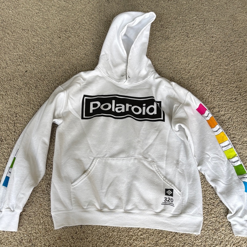 Polaroid White Hoodie with Vibrant Sleeve Accents